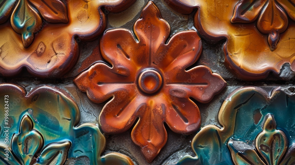 Poster a closeup shot of a clay relief tile in its fired form showing the rich and vibrant colors that can 