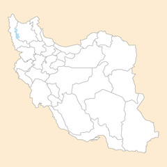 イラン・イスラム共和国の白地図、州境入り、ウルミエ湖