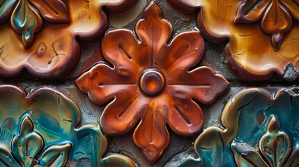 A closeup shot of a clay relief tile in its fired form showing the rich and vibrant colors that can be achieved through careful glazing and firing..