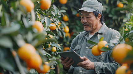Senior gardener happily picking orange in the sunny garden holding the tablet in his hands.