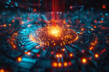 Quantum computing core, glowing with energy, intricate data streams, abstract algorithmic patterns