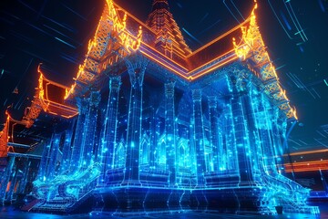 Thai temple 3D Hologram Wireframe pixels, Blue Neon Light, Volumetric Epic Quantum computing core, glowing with energy, intricate data streams, abstract algorithmic patterns