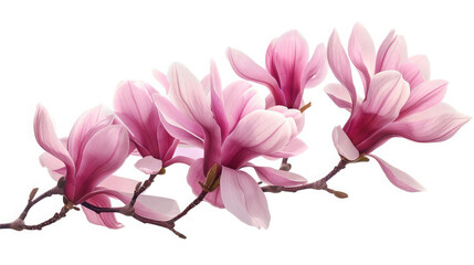 Elegant magnolia branch on white, Springtime background with tender pink magnolia, Pink magnolia flowers in bloom, Delicate magnolia, artistic portrayal, Spring flowers, Flat lay, top view
