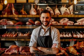 Happy butcher man standing next to the meat counter