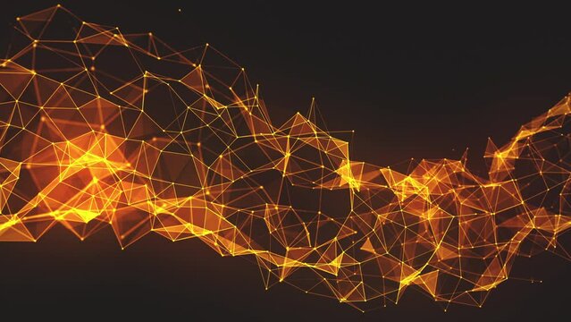 Orange Polygonal Background. Geometric abstract low poly mesh from dots connected by lines. Looped video.