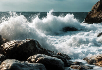 Fototapeta premium rocks waves Sea crashing Water Beach Summer Travel Nature Landscape Wave Blue Ocean Tropical Vacation Sand Holiday Beautiful Island Tourism Coast Foam Bay Outdoor Aerial
