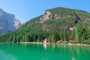 Lake Braies in Dolomites, Italy. Lake Braies is one of the most beautiful lakes in Italy