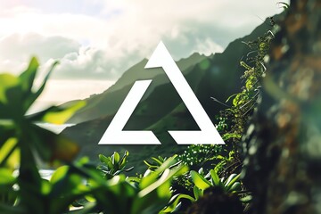 very simple colorful minimalist triangle white logo overlaying a blurry photo of the outdoors of Scottsdale