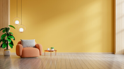 Naklejka premium Modern wooden living room with an orange armchair on empty yellow wall background,Minimal room- 3D rendering