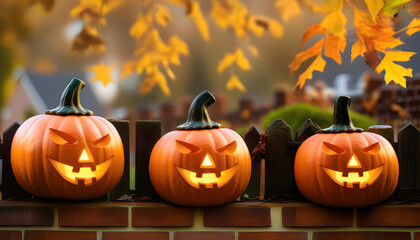 A carved pumpkin lit up by a candle, surrounded by autumn leaves and a brick fence covered in vines.