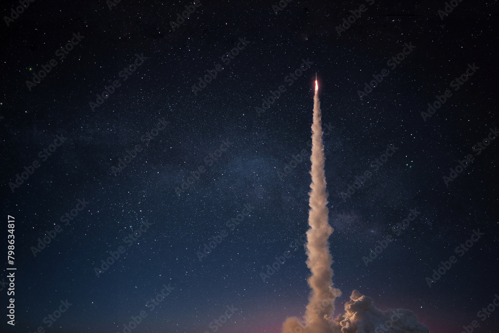 Poster successful launch of a space rocket into outer space. spaceship lift off into the starry sky. travel