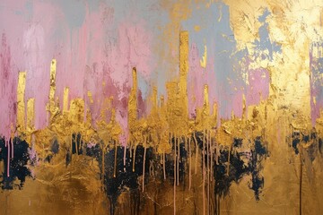 The abstract picture of the gold, pink bright colour that has been painted or splashed on the white blank background wallpaper to form the random shape that cannot be describe yet beautiful. AIGX01.