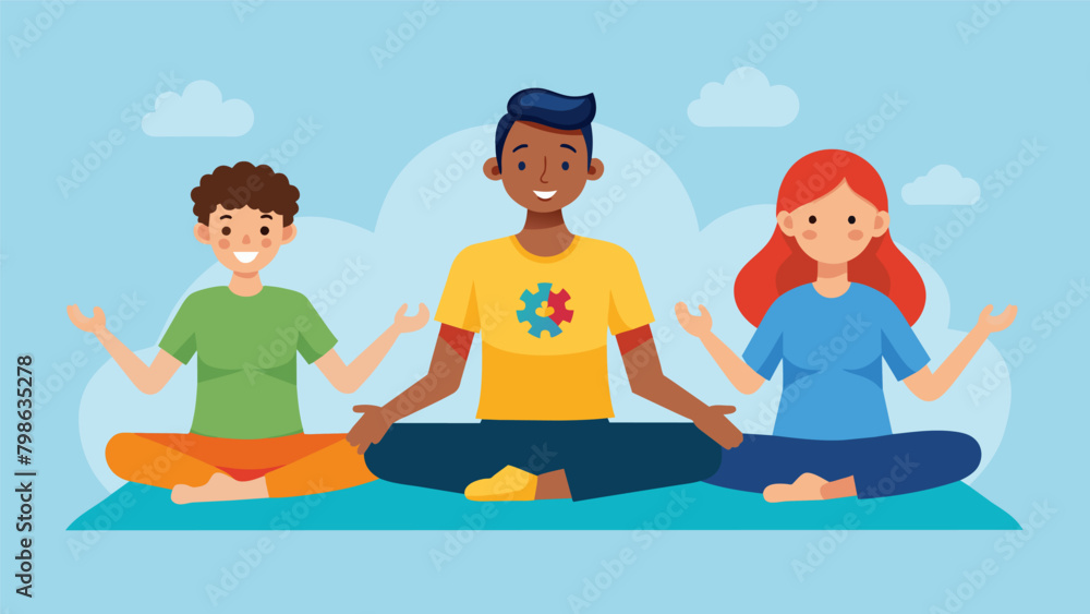 Poster a yoga class tailored for those with autism incorporating calming breathing techniques and visual su