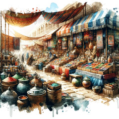 Exotic Bazaar Watercolor Scene on transparent background