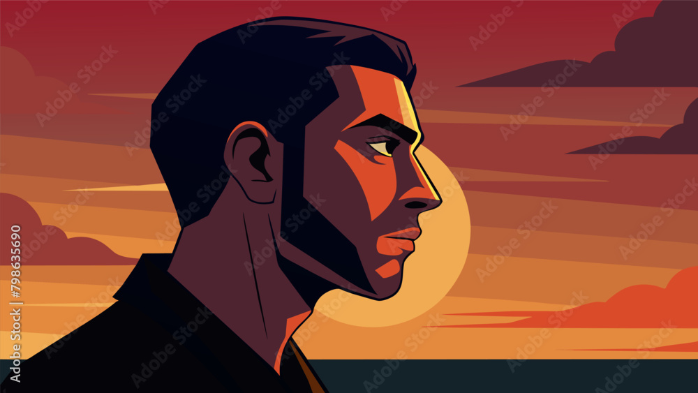 Poster a side profile of a man his silhouette softened by the soft glow of the setting sun..
