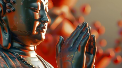  close-up of ceramic Buddha, benevolent face, meditating, hands clasped in front, hand holding rosary