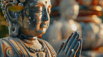 Obraz premium close-up of ceramic Buddha, benevolent face, meditating, hands clasped in front, hand holding rosary