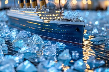 Close-up of titanic ship sailing in north atlantic ocean among icebergs with neon lights in evening - obrazy, fototapety, plakaty