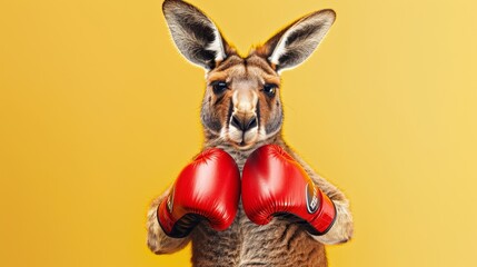  A kangaroo poses in red boxer gloves. mustard yellow background, copy space for text 