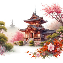 Obraz premium Serene Japanese Temple Amidst Cherry Blossoms : japanese temple in spring