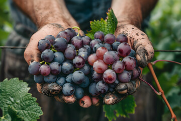 A male farmer's hands picking grapes during the harvest season in a vineyard.