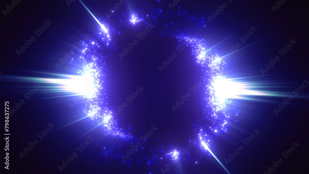 Poster blue swirling circle frame of multicolored lines of energy particles. abstract background