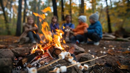 Obraz premium Parents and children roasting marshmallows over a campfire at a campground during their road trip. 