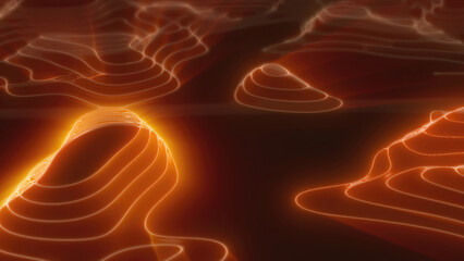 Yellow orange looped futuristic hi-tech landscape with mountains and canyons from glowing energy circles and magic lines. Abstract background
