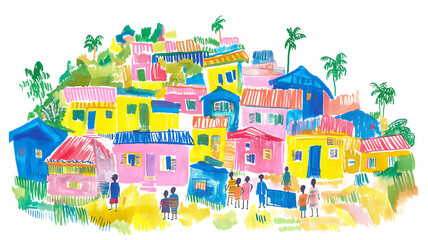 Colorful painting of a vibrant village with lively houses and people.
