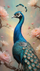 Fantasy Illustration of a wild Peafowl. Digital art style wallpaper background with peacock in pastel colors.
