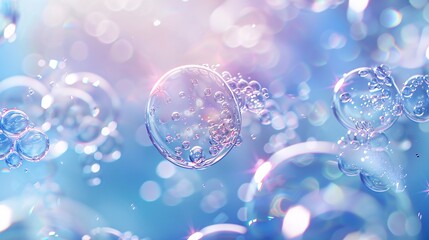 An artistic representation of bubbles and molecules as a background concept for cosmetic products, enhancing the theme of cleanliness and rejuvenation.