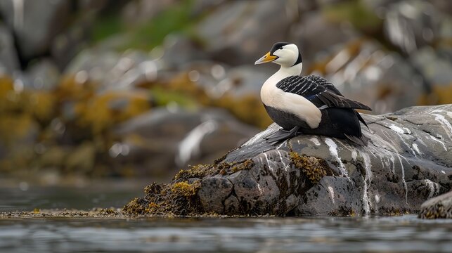 The male king eider is a type of duck. It was spotted in Batsfjord, which is in the northern part of Norway, in Europe.