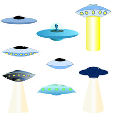 Different Kinds of Simple Cartoon Flying Saucers with and Without Beam of Light. Vector illustration