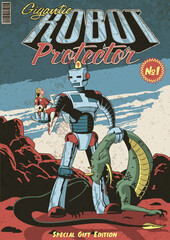 The Gigantic Robot Protector Retro Sci-Fi Comics Style Illustration. Robot-Giant, Woman and Extraterrestrial Monster Comic Book Cover, Retro Colors, Aged Texture 