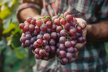 A farmer's hands picking ripe grapes during harvest season in a vineyard.