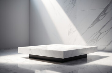 empty bright room with white marble podium, pedestal for product presentation, design for product advertising