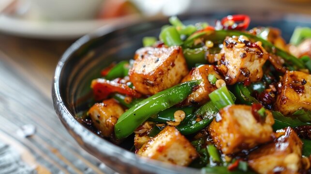 Delight in Tasty Dish of Fried Green Pepper with Tofu and Bacon