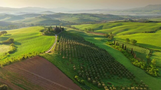 Spring time in Tuscany, Italy.  Aerial morning view of Tuscan countryside with green hills and field. Shot at sunrise, UHD, 4K