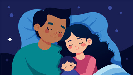 With the world on pause two parents snuggle close and share their hopes and fears in a late night pillow talk before drifting off to sleep.. Vector illustration