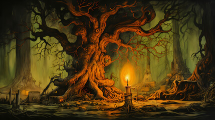 Magical dark fairy tale forest at night with old scary tree