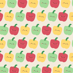 Bell pepper seamless pattern on white background.Yellow, green and red illustration of vegetables.