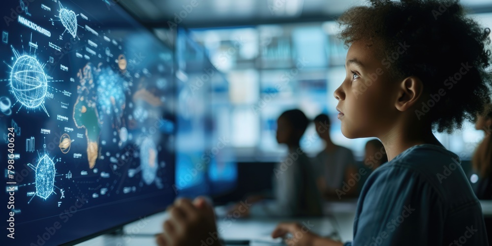 Poster skilled teacher teaching ai to diverse elementary student at digital classroom. smart multicultural 