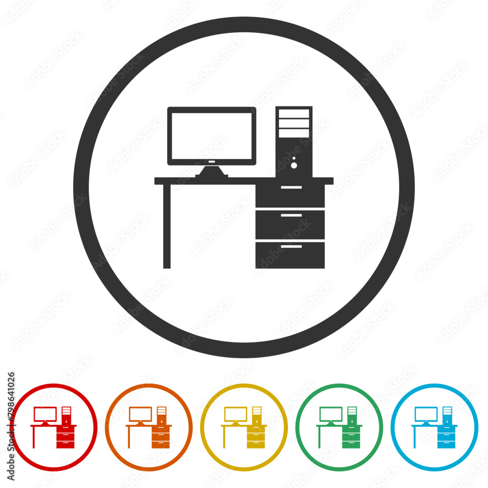 Poster computer office workspace desk icon. set icons in color circle buttons