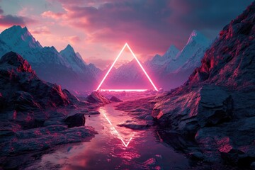 Obraz premium The great pink floating triangle beyond the river that surrounded with a lot amount of the tall mountains at the dawn or dusk time of the day that shine light to the every part of the picture. AIGX03.