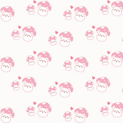 Hand Drawn Seamless Pattern with Cute Kawaii Duo Pink Mushrooms.