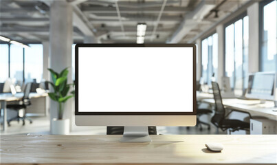 Blank computer screen on work desk in a light modern office