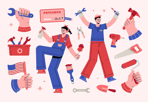 American USA Labor Day Illustrations Set
