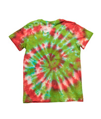 Red and green tie dye style T-shirt isolated on white.