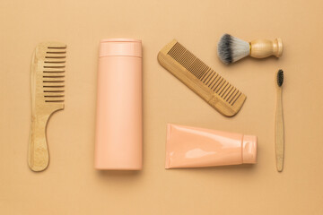 Monochrome image of hygiene items on a beige background.