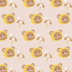Fototapeta premium Hand drawn seamless pattern with cute bear and umbrella on brown background
